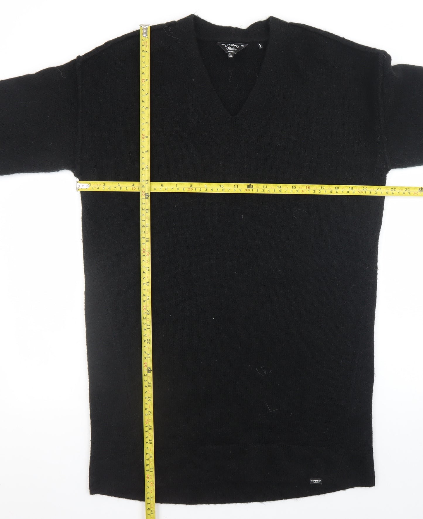 Superdry Women Black Size 8 Knit Jumper Dress V-Neck Wool Blend Winter