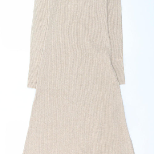 MNG Women’s Beige Long Sleeve Knit Bodycon Dress Size 8