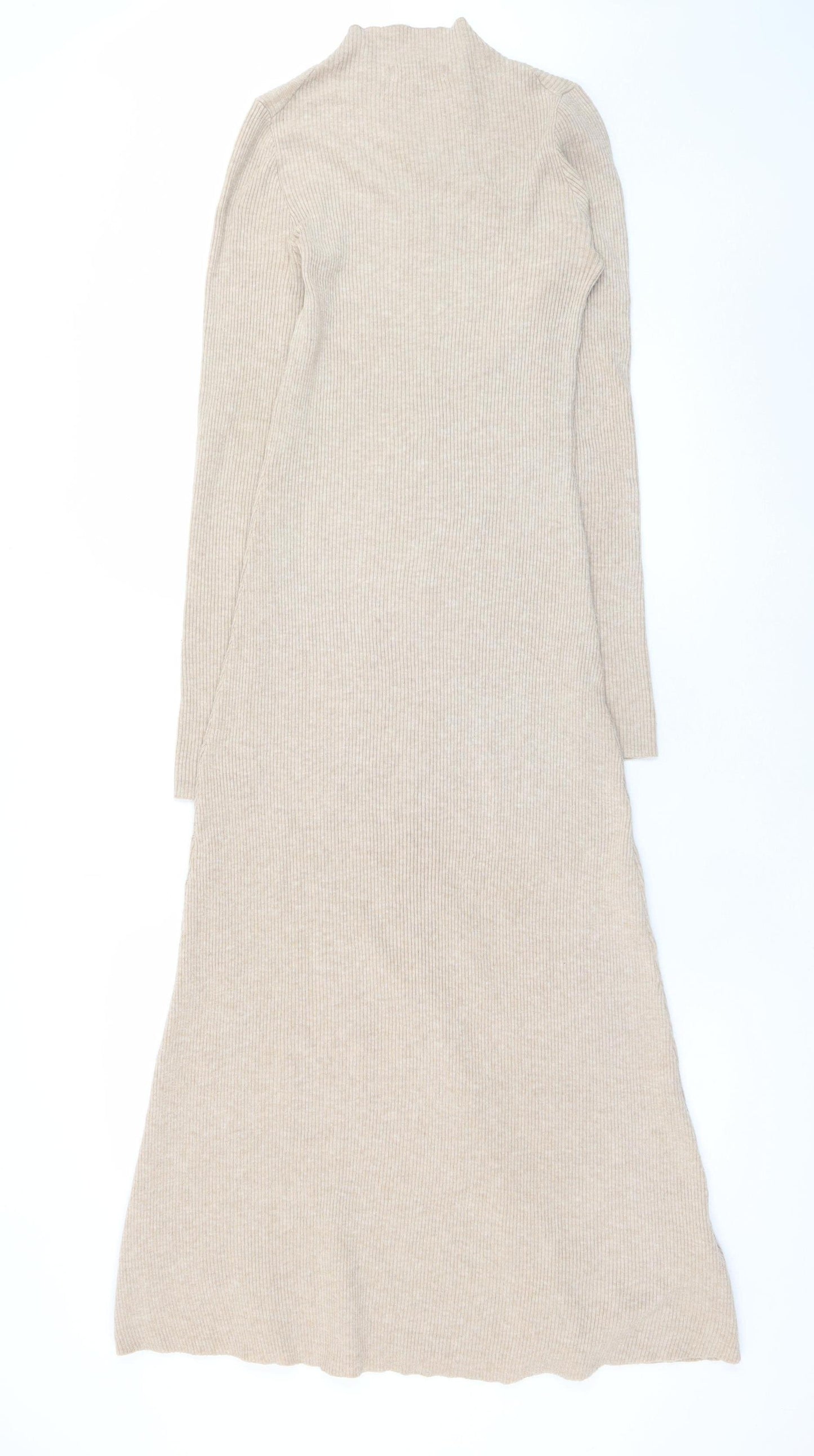 MNG Women’s Beige Long Sleeve Knit Bodycon Dress Size 8