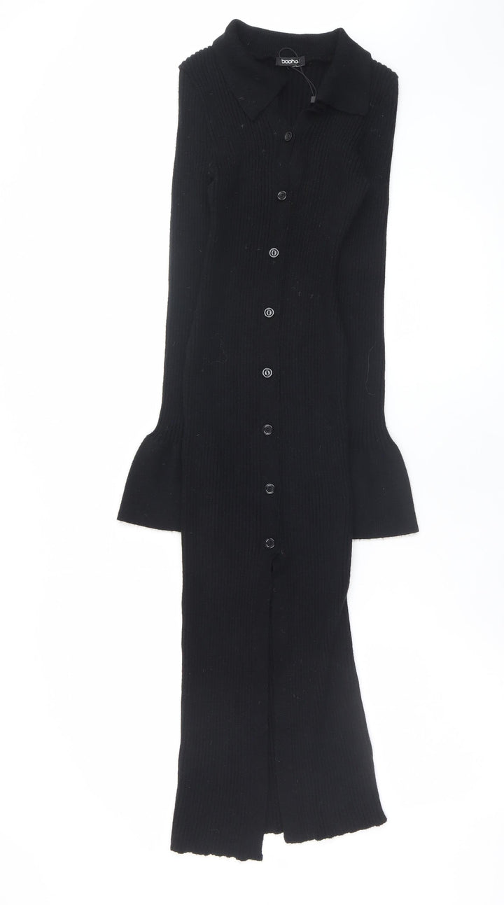 Boohoo Women’s Black Collared Button Midi Knit Shirt Dress Size S