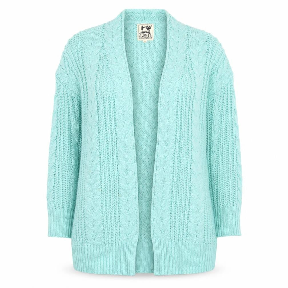 Front view of Jaase Women's Blue Chunky Knit Open Cardigan M