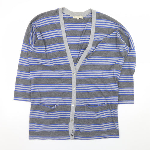 Nicole Farhi Women Blue Striped V-Neck Button Cardigan Size S