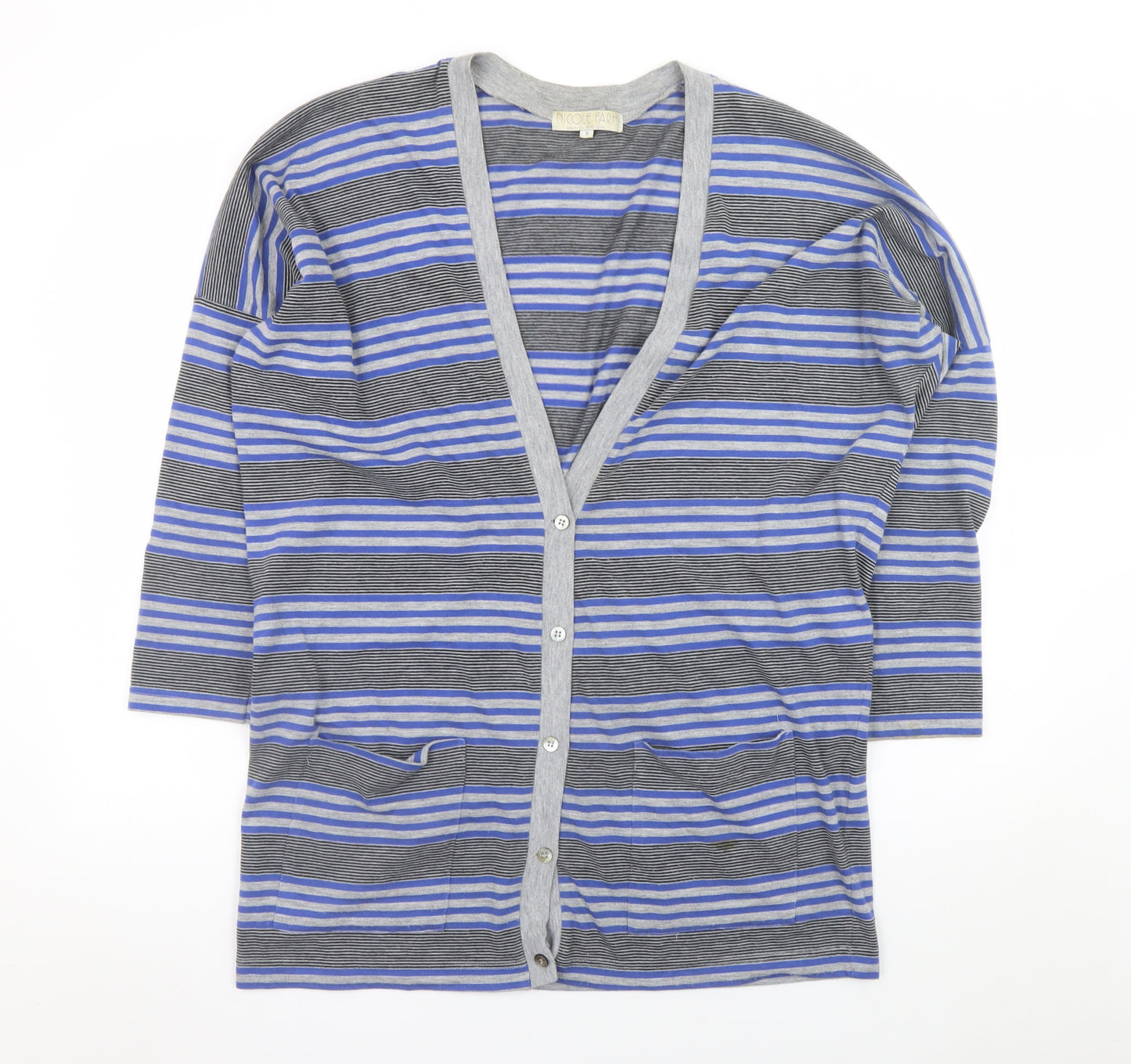 Nicole Farhi Women Blue Striped V-Neck Button Cardigan Size S