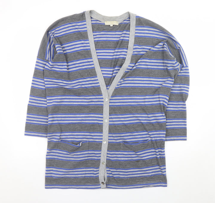 Nicole Farhi Women Blue Striped V-Neck Button Cardigan Size S