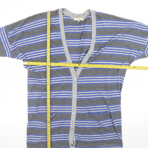 Nicole Farhi Women Blue Striped V-Neck Button Cardigan Size S