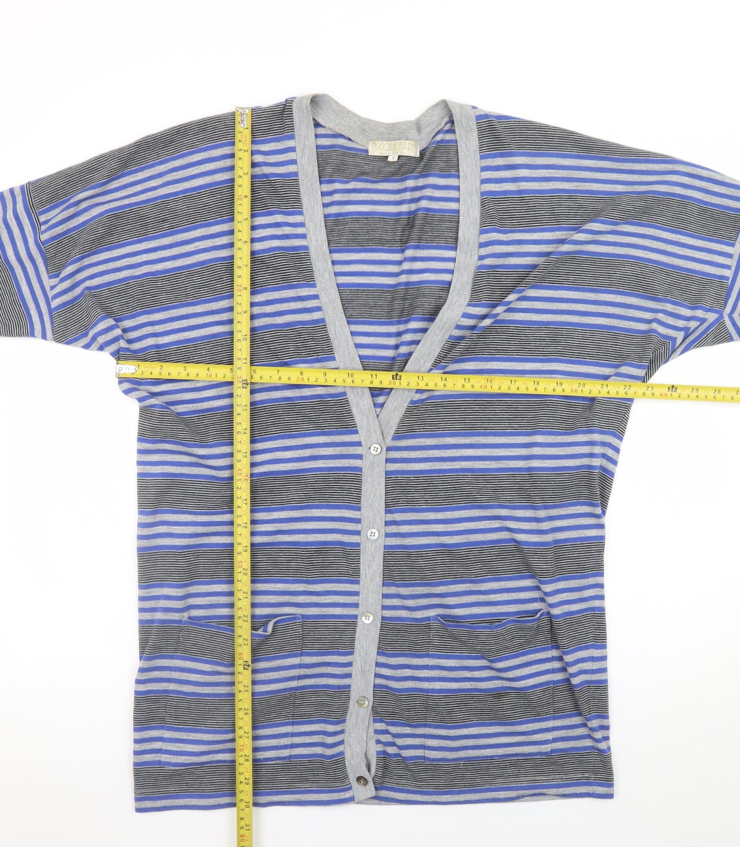 Nicole Farhi Women Blue Striped V-Neck Button Cardigan Size S
