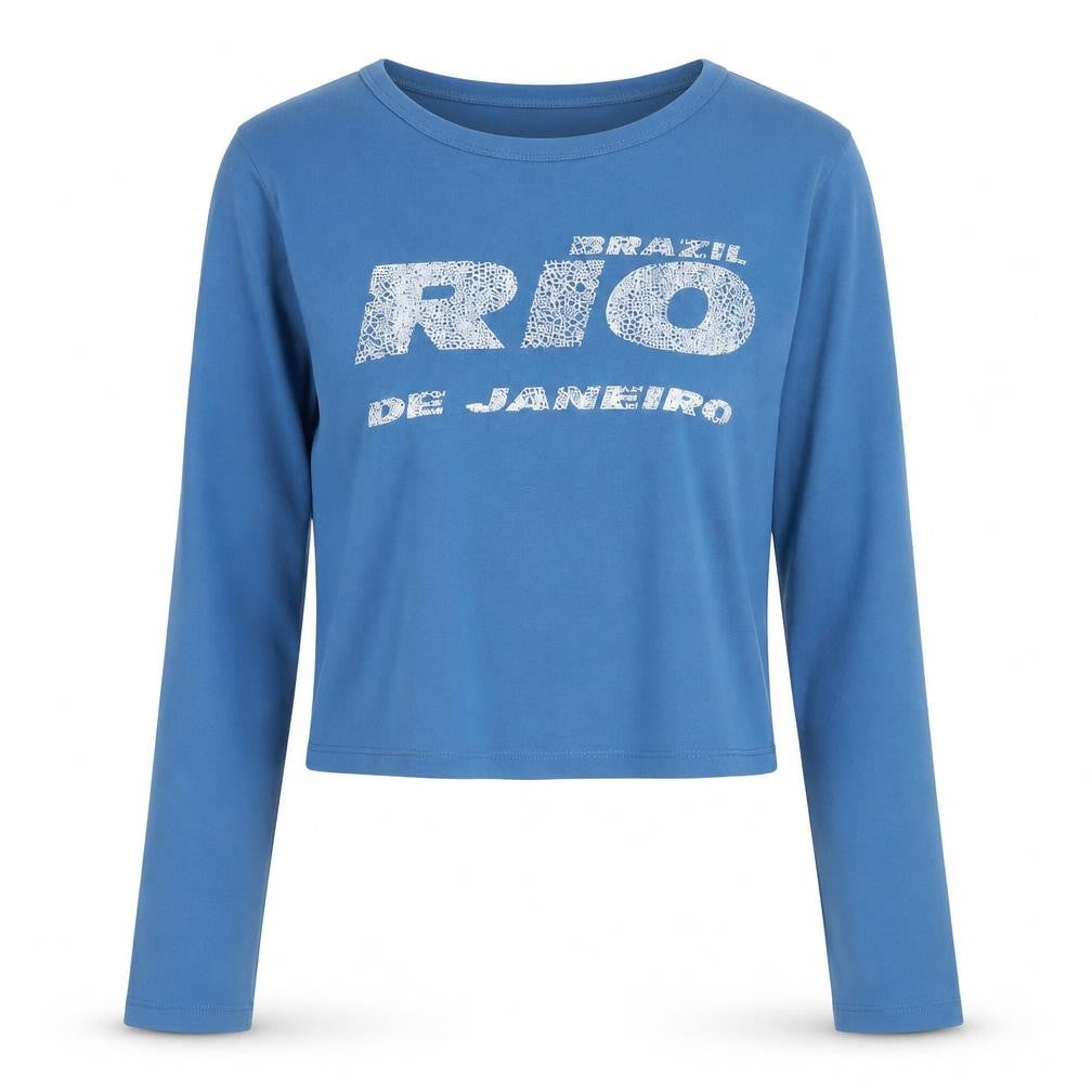 Collusion Women's Blue Cropped Long Sleeve Crew Neck T-Shirt M
