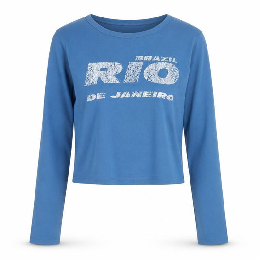 Front view of Collusion Women's Blue Cropped Long Sleeve Crew Neck T-Shirt M