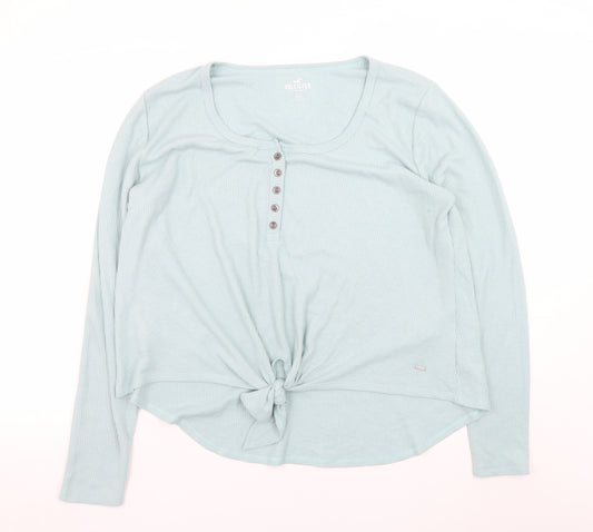 Hollister Women Blue Long Sleeve Tie Front Button T-Shirt XL