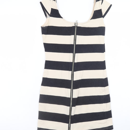 H&M Women Black Beige Striped Bodycon Short Dress Size 10