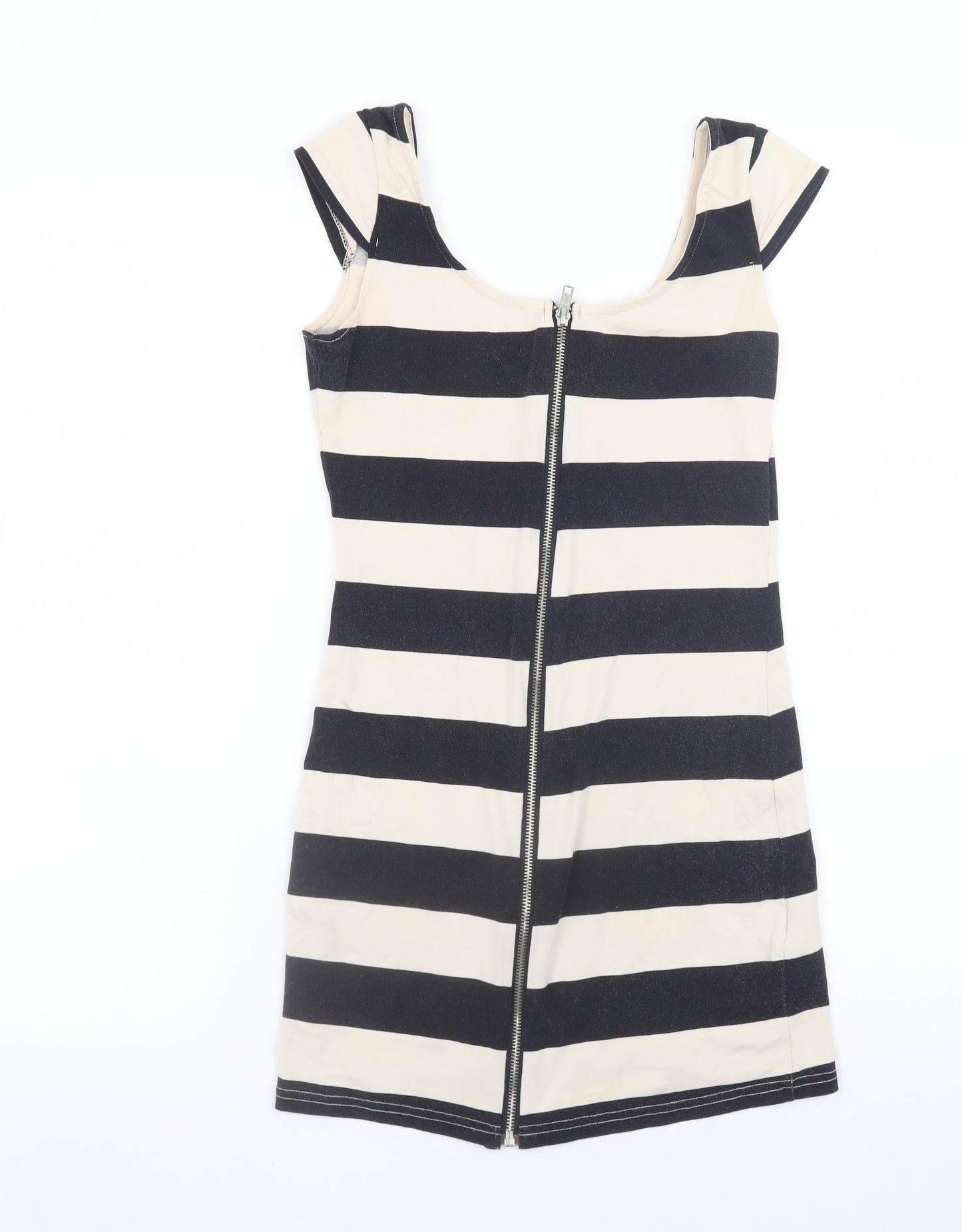 H&M Women Black Beige Striped Bodycon Short Dress Size 10