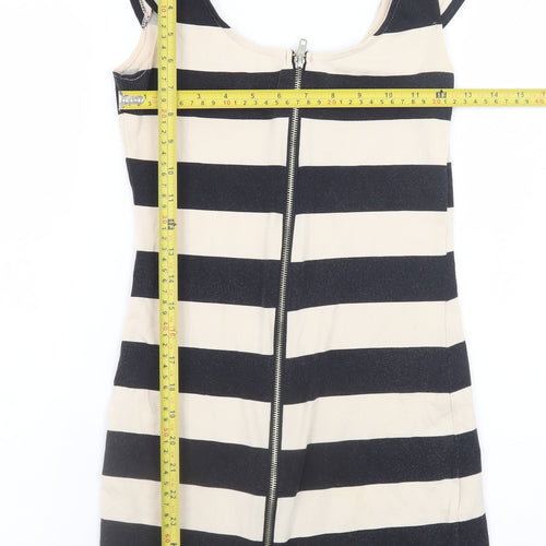 H&M Women Black Beige Striped Bodycon Short Dress Size 10