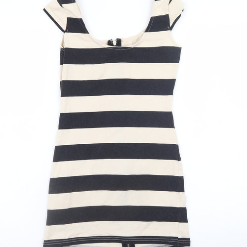 H&M Women Black Beige Striped Bodycon Short Dress Size 10