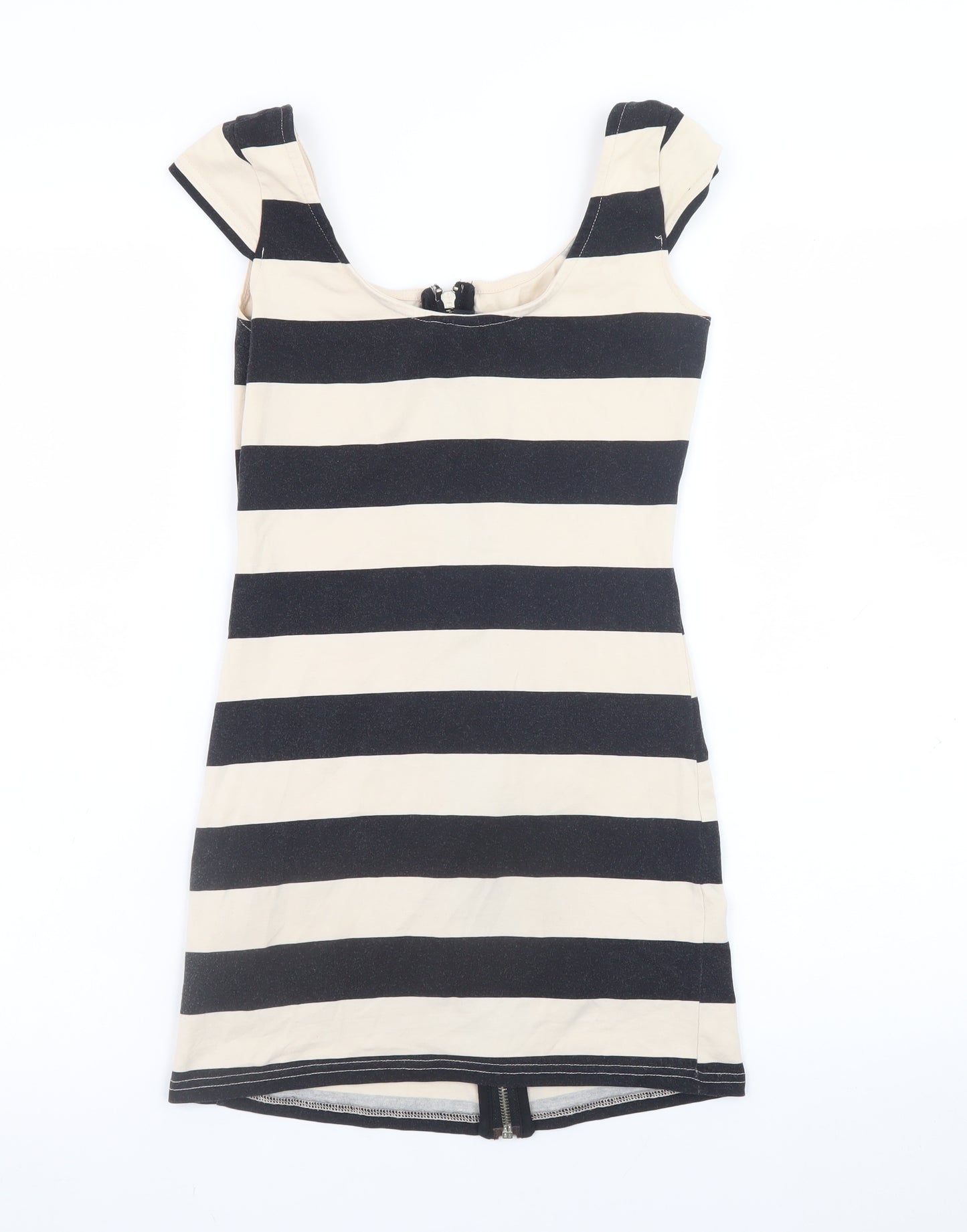H&M Women Black Beige Striped Bodycon Short Dress Size 10
