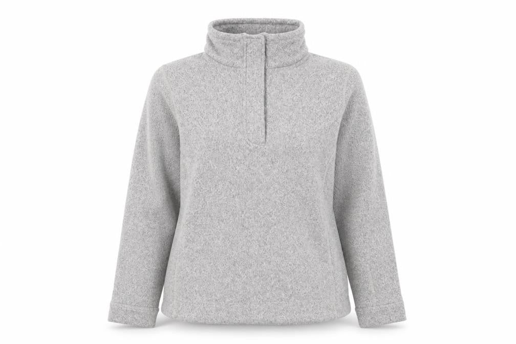 Front view of Rohan women’s grey fleece pullover sweatshirt l warm lightweight