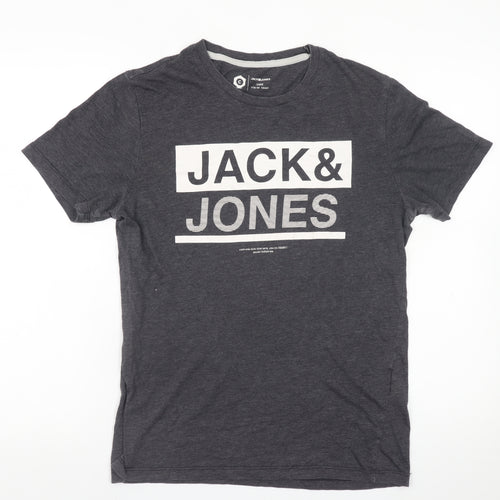 Jack & Jones Men's Grey Graphic Print Cotton Blend T-Shirt Size S