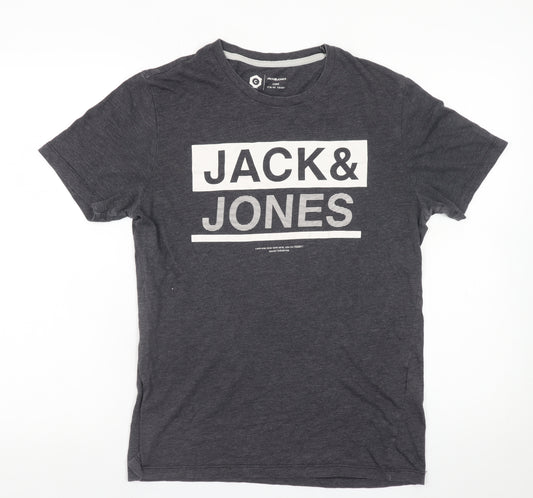 Jack & Jones Men's Grey Graphic Print Cotton Blend T-Shirt Size S