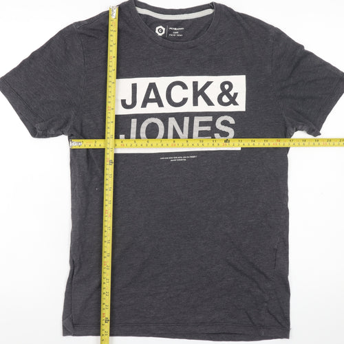 Jack & Jones Men's Grey Graphic Print Cotton Blend T-Shirt Size S