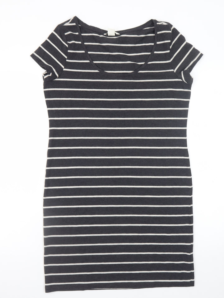 H&M Women Black Stripe Bodycon Dress Size 14 Short Sleeve Jersey