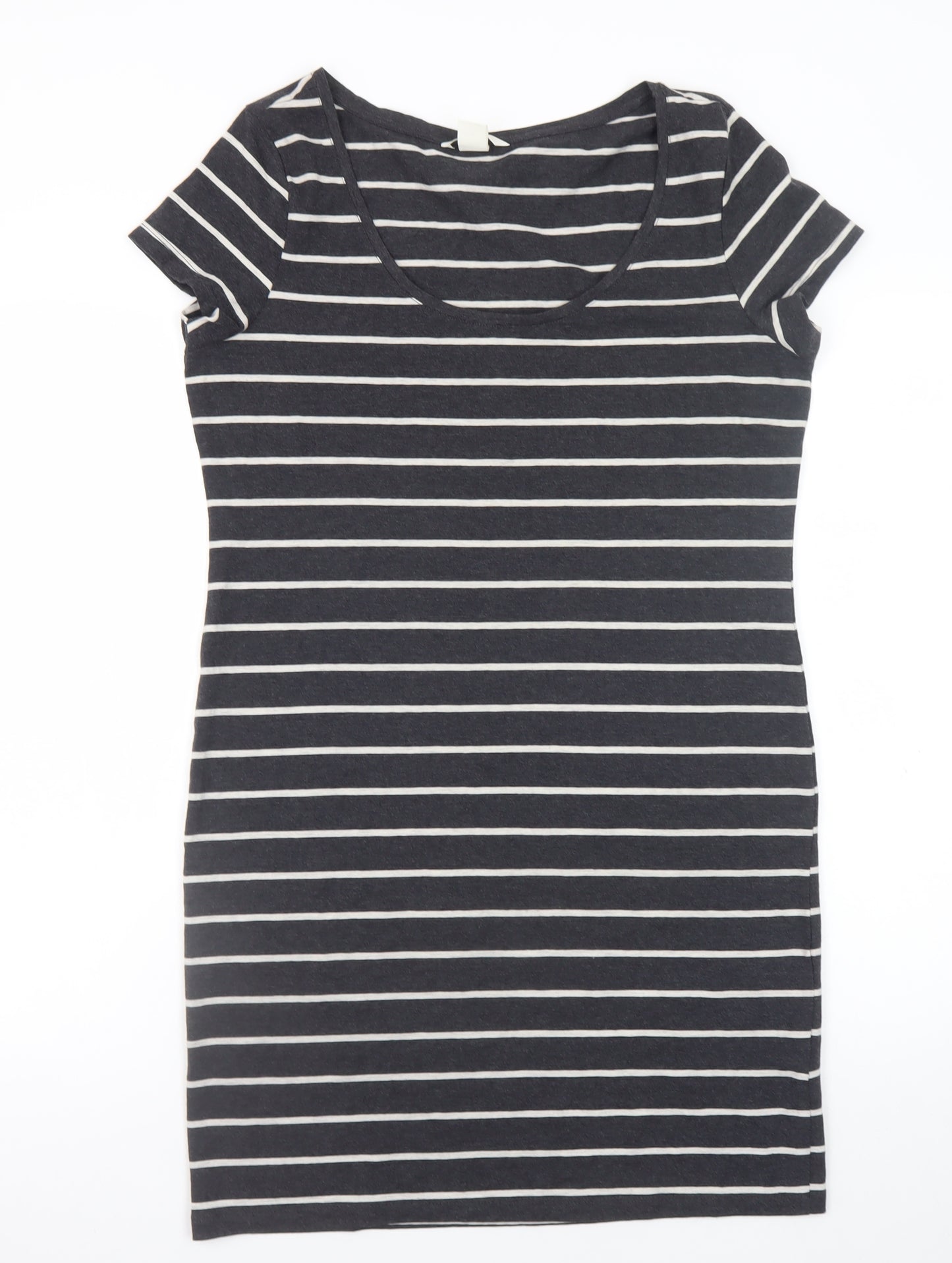 H&M Women Black Stripe Bodycon Dress Size 14 Short Sleeve Jersey