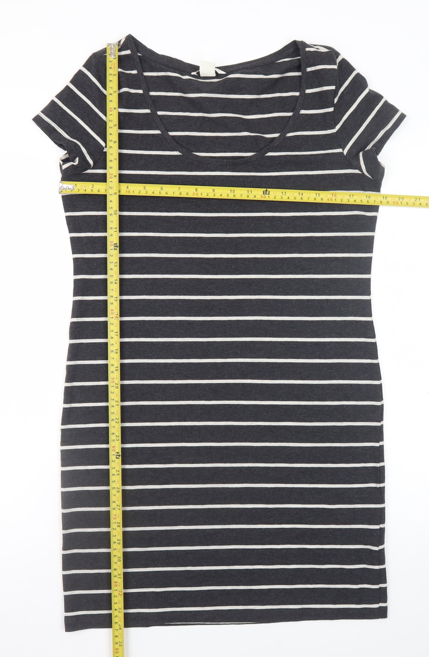 H&M Women Black Stripe Bodycon Dress Size 14 Short Sleeve Jersey