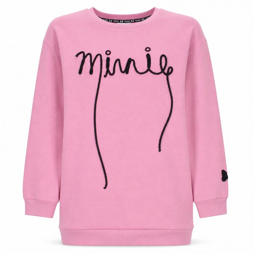 Front view of Disney Women Pink Minnie Crew Neck Pullover Sweatshirt, size L