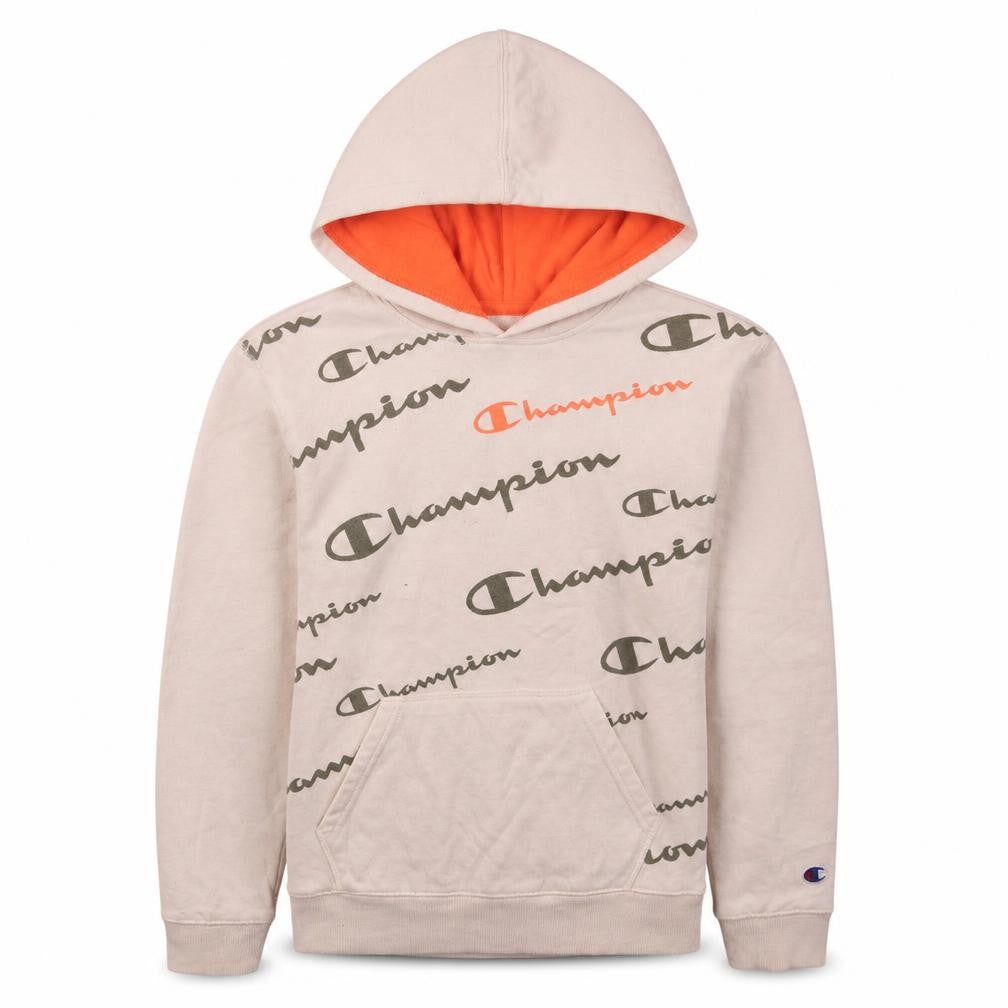 Front view of Champion boys’ beige logo pullover hoodie, size L
