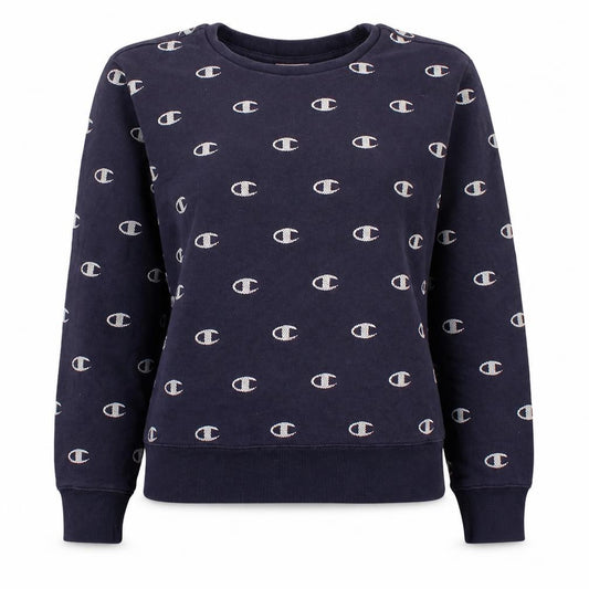 Front view of Champion women’s navy blue crew neck logo sweatshirt, size L