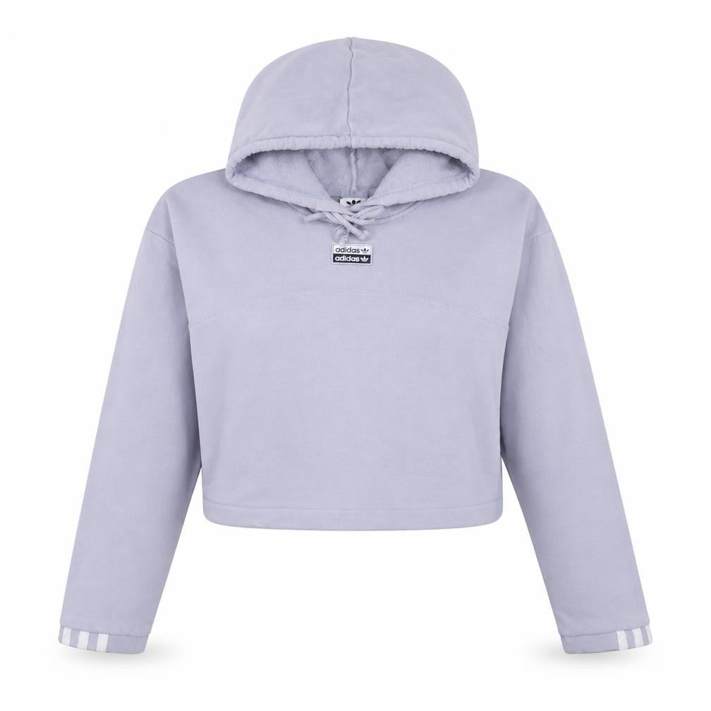 Front view of Adidas women’s grey cropped pullover hoodie, size UK 12