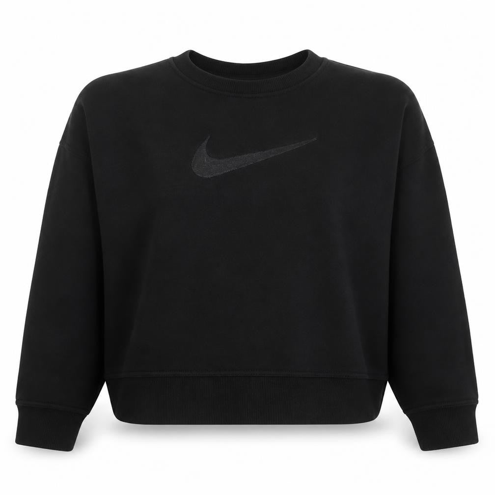 Front view of Nike women’s black crew neck pullover sweatshirt, size M, cotton blend logo