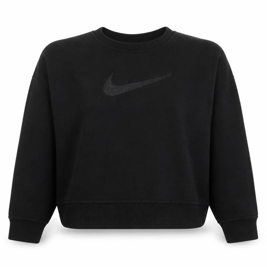 Front view of Nike women’s black crew neck pullover sweatshirt, size M, cotton blend logo