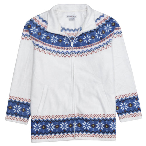 Atlas For Women White Fair Isle Fleece Jacket Size 12-14 Winter Warm Zip Up