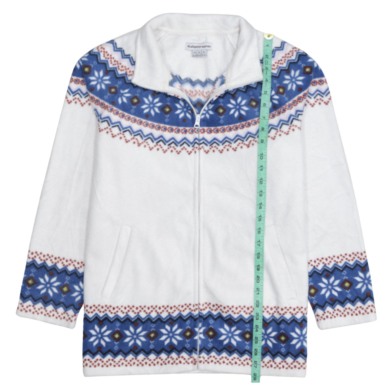 Atlas For Women White Fair Isle Fleece Jacket Size 12-14 Winter Warm Zip Up