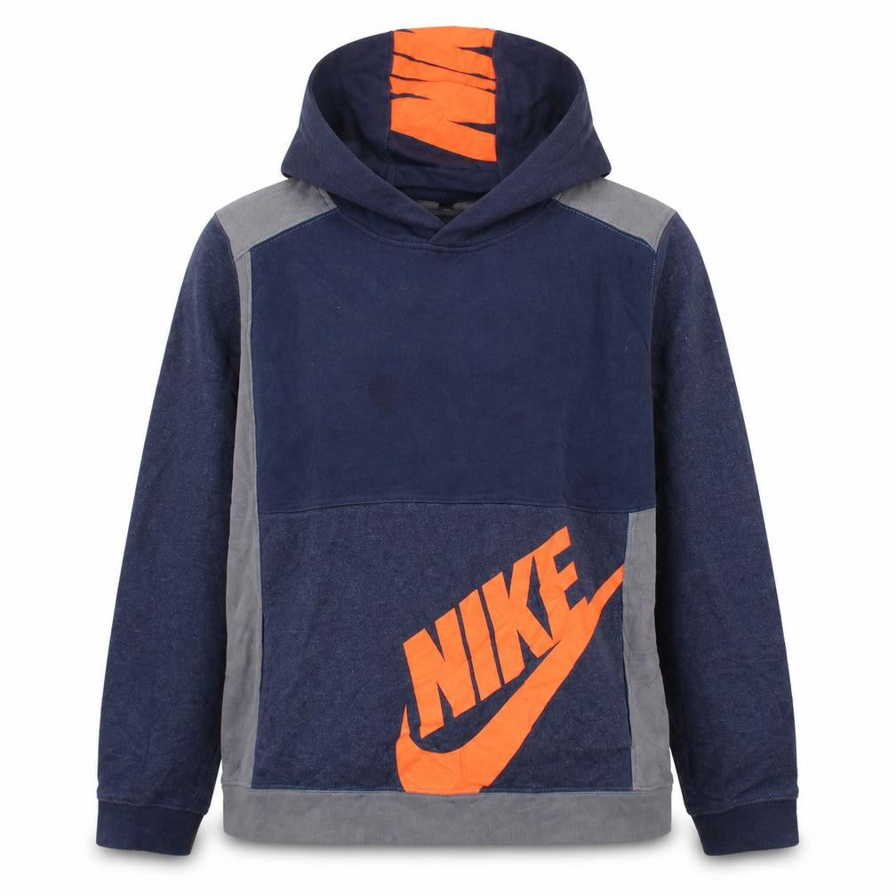 Front view of Nike boys’ blue xl pullover hoodie with orange logo graphic print
