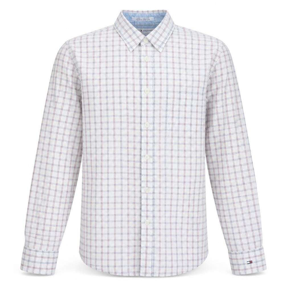 Front view of Tommy Hilfiger Jeans men’s white check button-down shirt, size M
