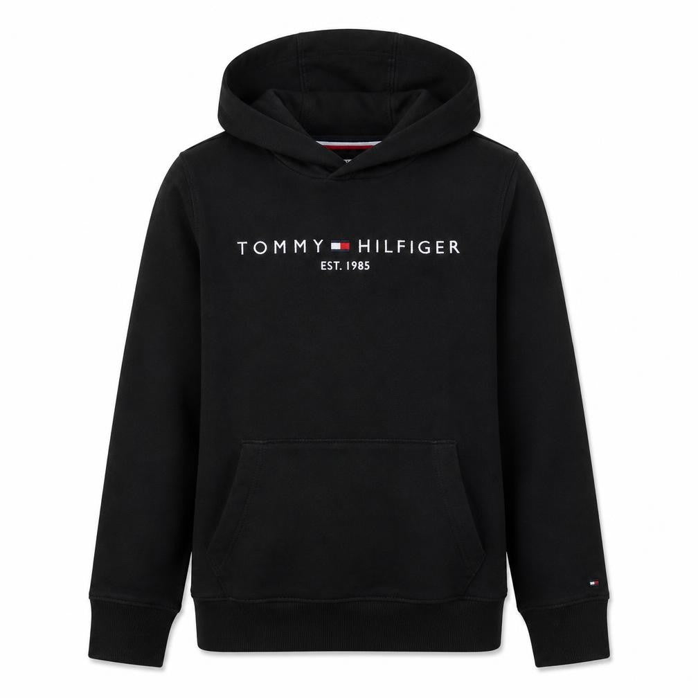 Front view of Tommy Hilfiger boys’ black pullover hoodie, size 164, logo fleece