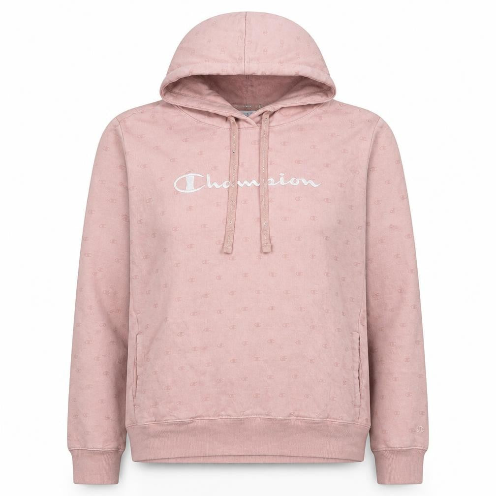 Front view of Champion women’s pink xl pullover hoodie embroidered logo sweatshirt