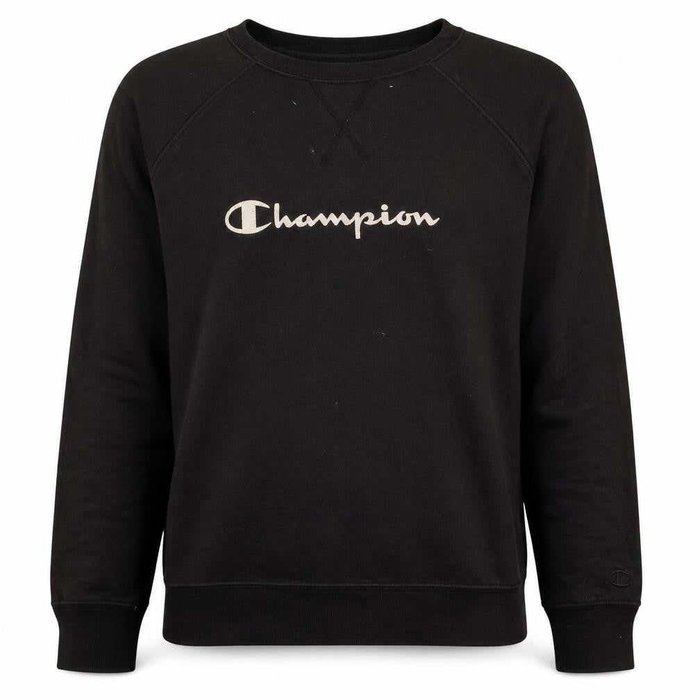 Front view of Champion Men’s Black Pullover Sweatshirt L Crew Neck Logo Regular Fit