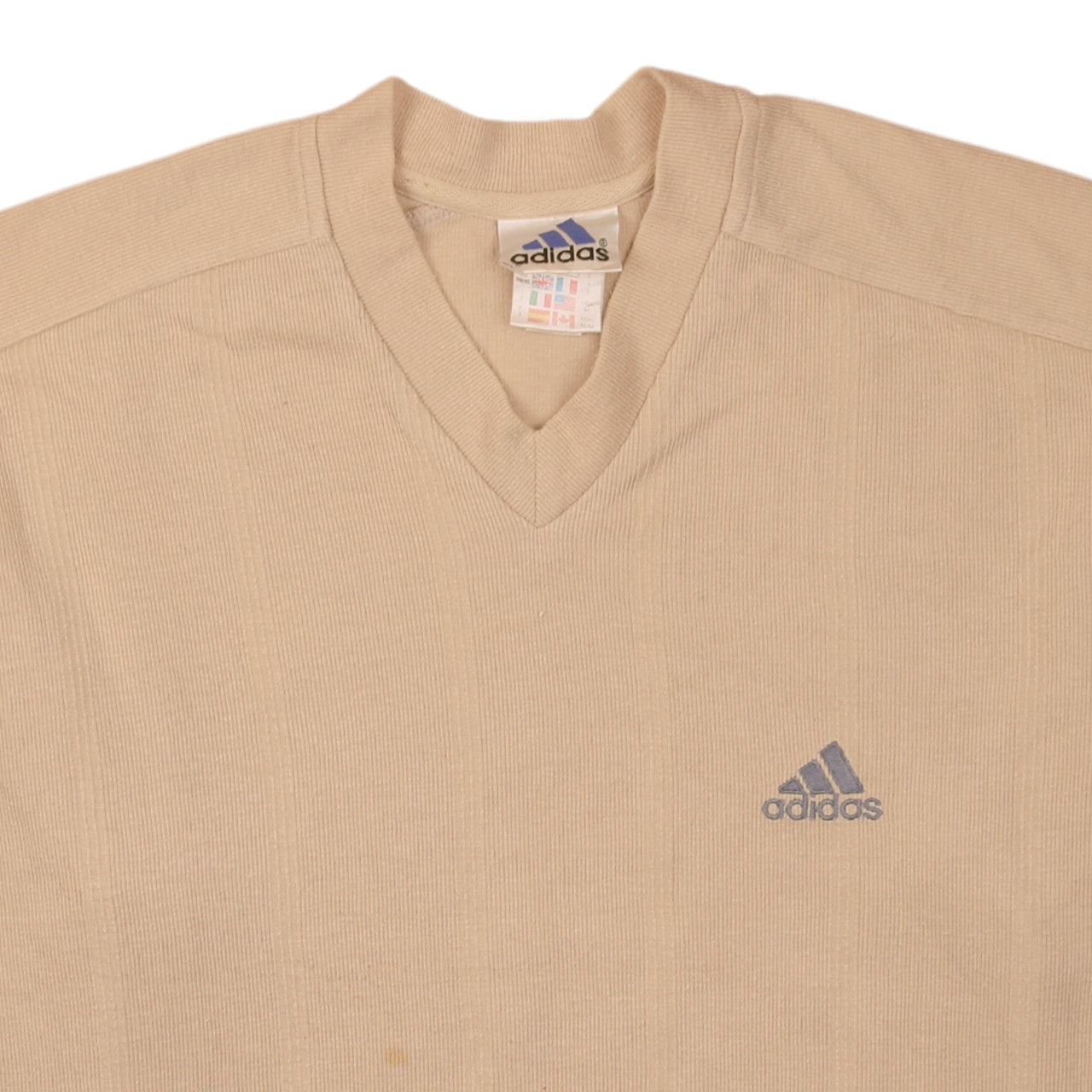 Adidas Men Beige V-Neck Short Sleeve Vintage Casual Top L