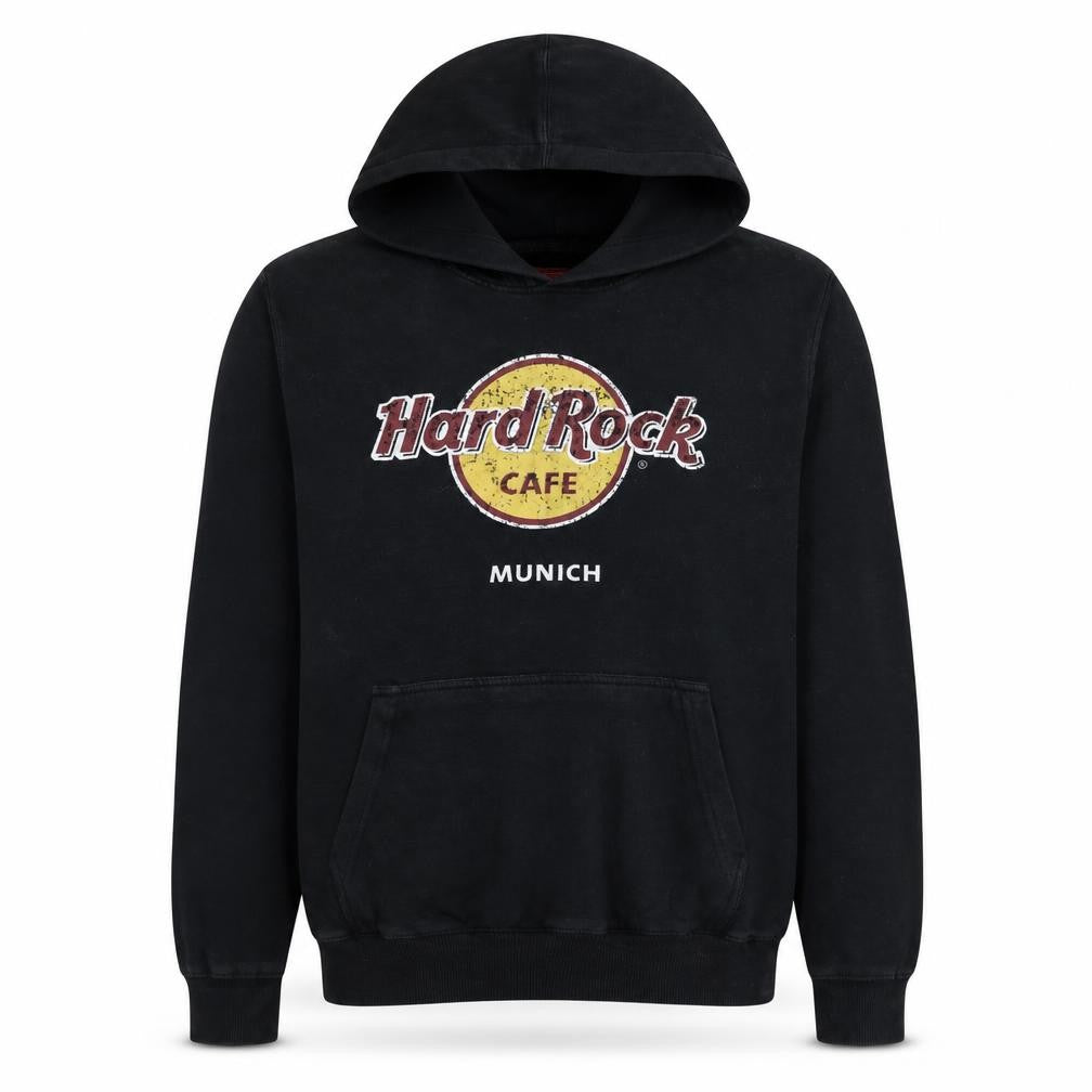 Front view of Hard Rock Cafe Munich Black men’s pullover hoodie medium