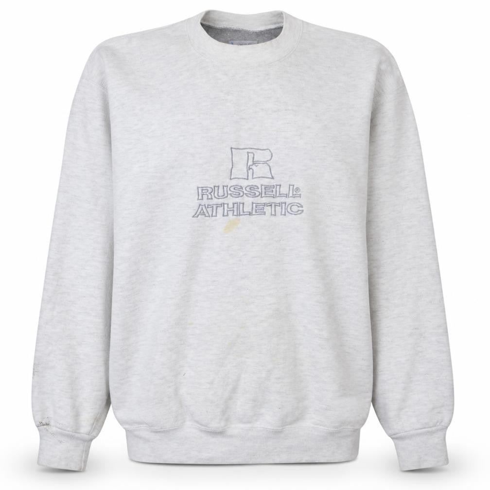 Front view of Russell Athletic Men's Grey Logo Pullover Sweatshirt, size L