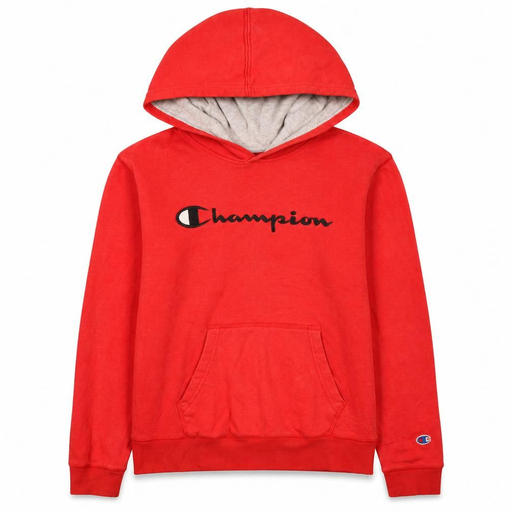 Front view of Champion girls’ red xl pullover hoodie with logo print