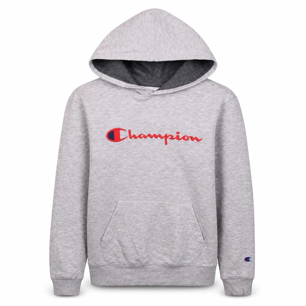Front view of Champion women’s grey pullover hoodie large relaxed fit athleticwear