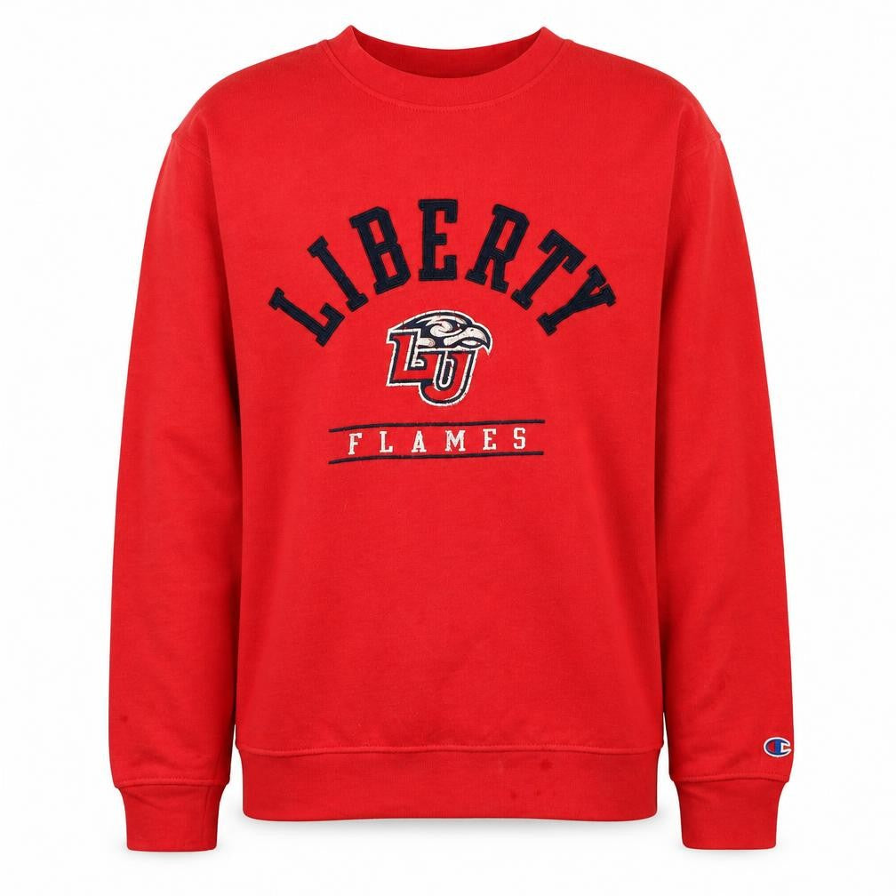Front view of Champion Men's Red Liberty Flames Pullover Sweatshirt, size S
