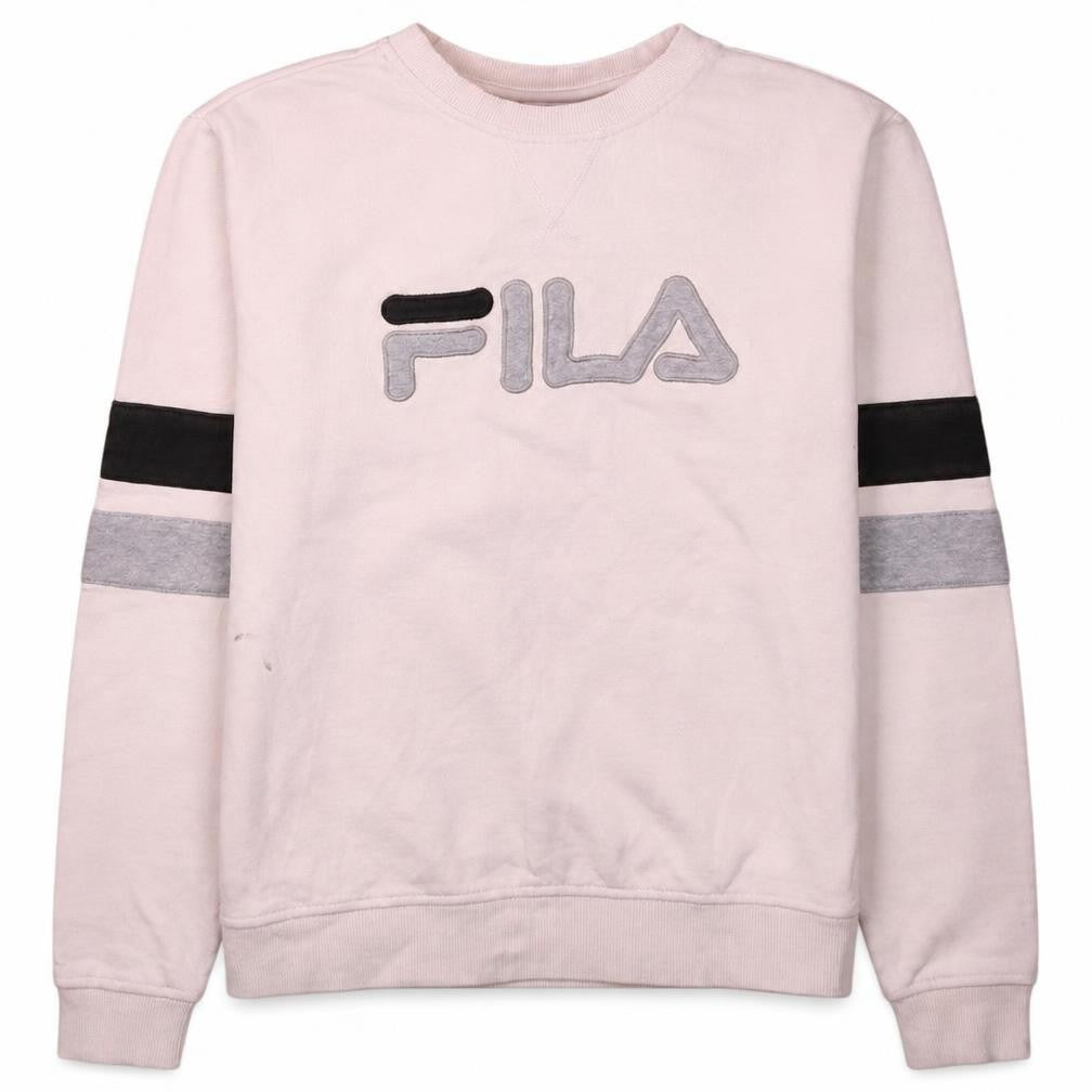 Front view of Fila women’s beige crew neck pullover sweatshirt, size S