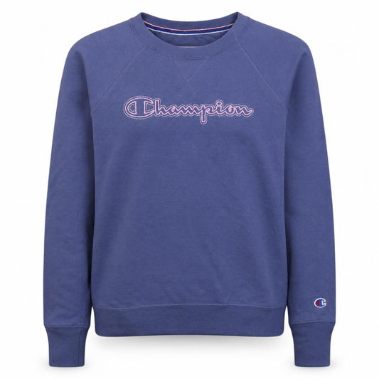 Front view of Champion women’s blue xs pullover sweatshirt crew neck logo cotton blend