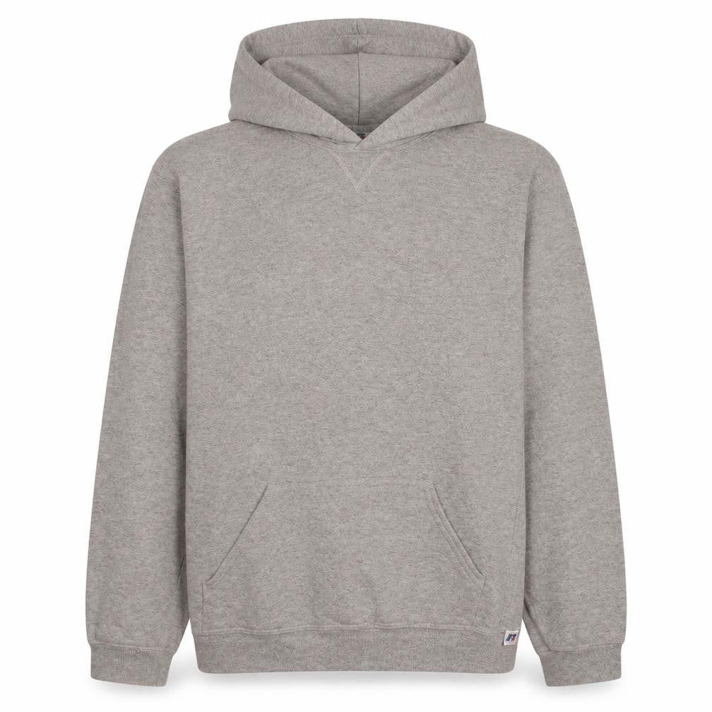Front view of Russell Athletic boys’ grey xl pullover hoodie fleece sweatshirt