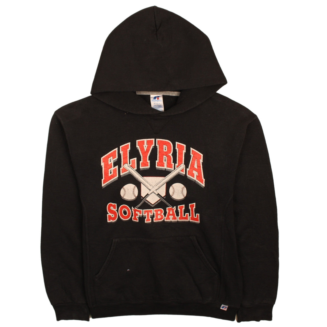 Russell Athletic Men’s Black Pullover Hoodie M Elyria Softball Graphic