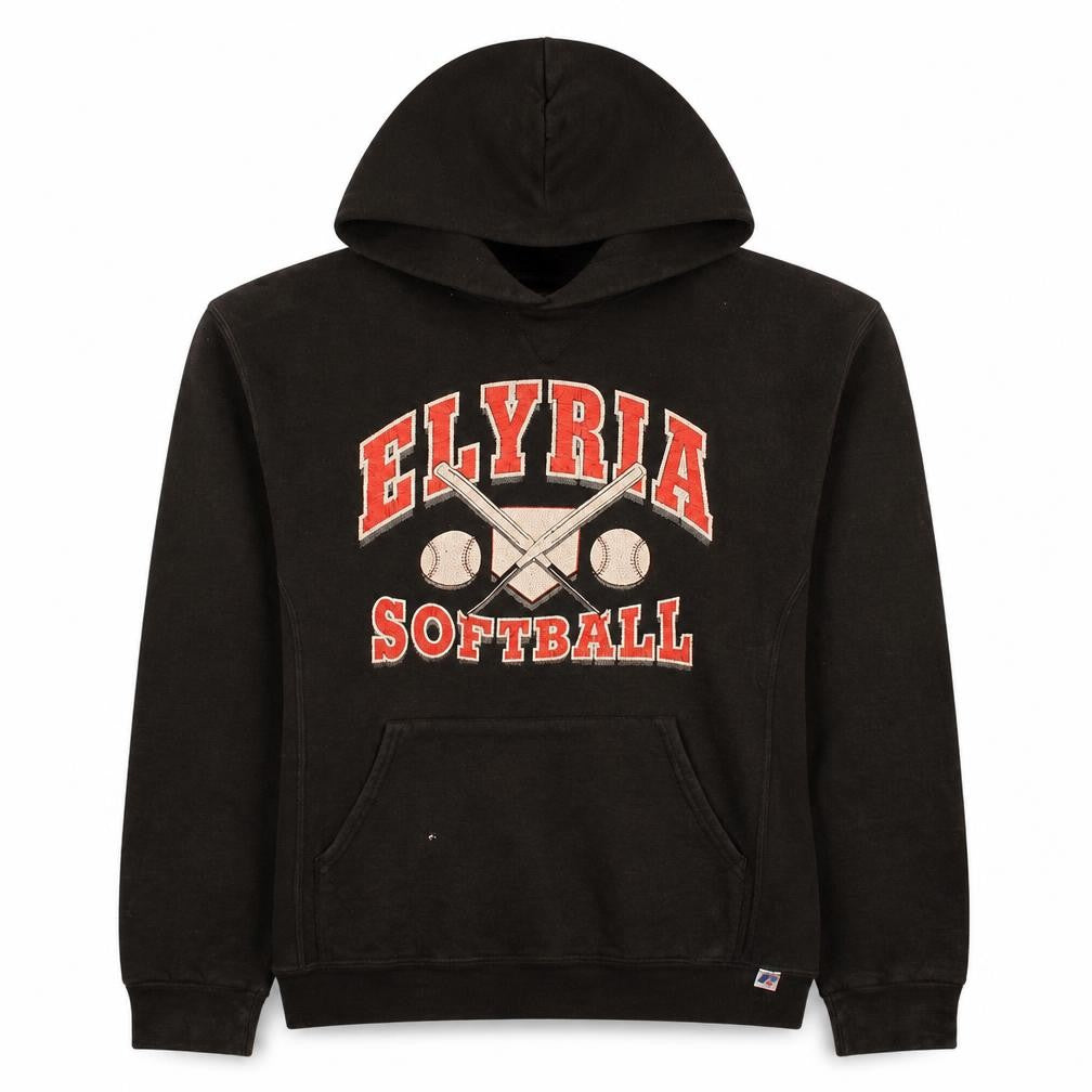 Front view of Russell Athletic Men’s Black Pullover Hoodie M Elyria Softball Graphic