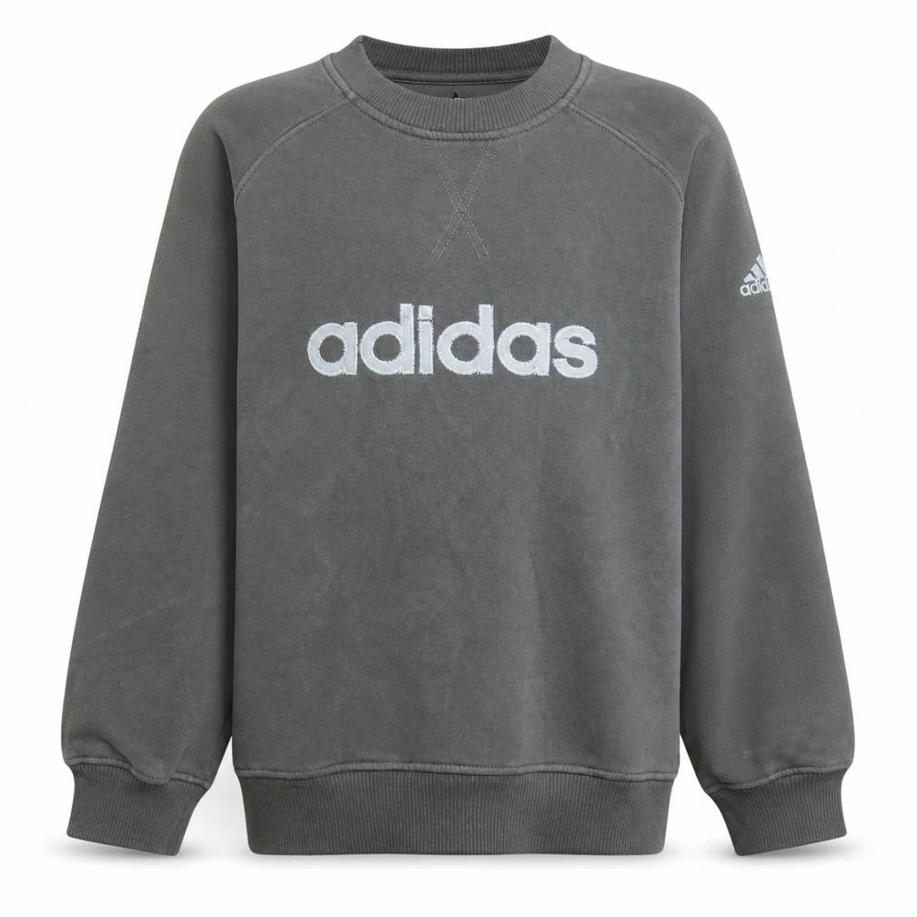 Front view of Adidas boys’ grey pullover sweatshirt 10-11 years crew neck logo fleece
